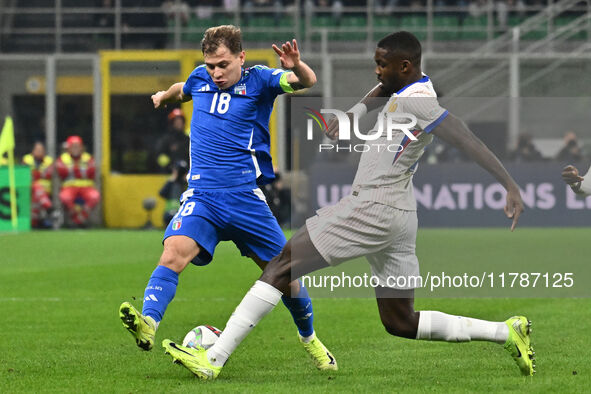 Nicolo Barella (ITA) and William Saliba (FRA) are in action during the UEFA Nations League Matchday 6 match between Italy and France at the...