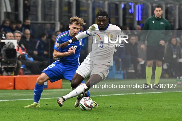 Nicolo Barella (ITA) and Manu Kone (FRA) are in action during the UEFA Nations League Matchday 6 match between Italy and France at the San S...