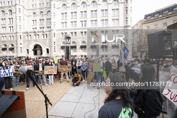 Environmental activists rally to demand climate action before US President-elect Donald Trump takes office in Washington, DC, on November 17...