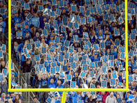 DETROIT,MICHIGAN-NOVEMBER17:  Fans hold third down signs in the end zone during a game between the Detroit Lions and the Jacksonville Jaguar...