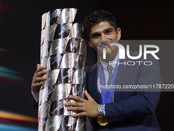 Jorge Martin (89) of Spain and Prima Pramac Racing Ducati during the MotoGP Awards after the race of the Motul Solidarity Grand Prix of Barc...