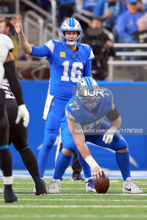 DETROIT,MICHIGAN-NOVEMBER17:  Quarterback Jared Goff (16) of the Detroit Lions calls a play as center Frank Ragnow (77) of the Detroit Lions...