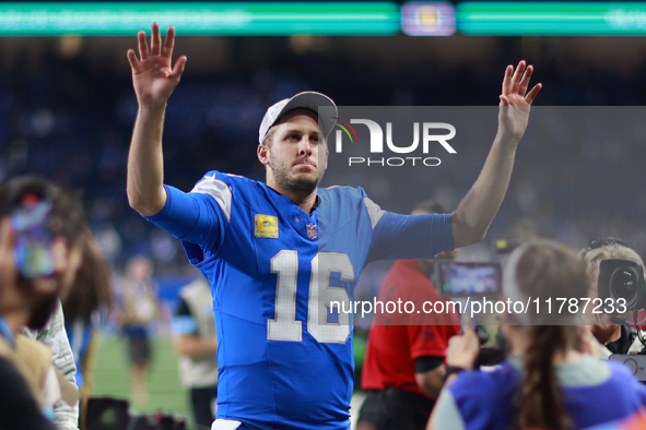 DETROIT,MICHIGAN-November 17: Detroit Lions quarterback Jared Goff (16) walks off the field after an NFL football game between the Jacksonvi...