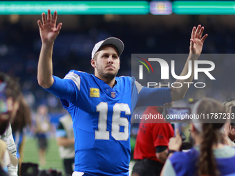 DETROIT,MICHIGAN-November 17: Detroit Lions quarterback Jared Goff (16) walks off the field after an NFL football game between the Jacksonvi...