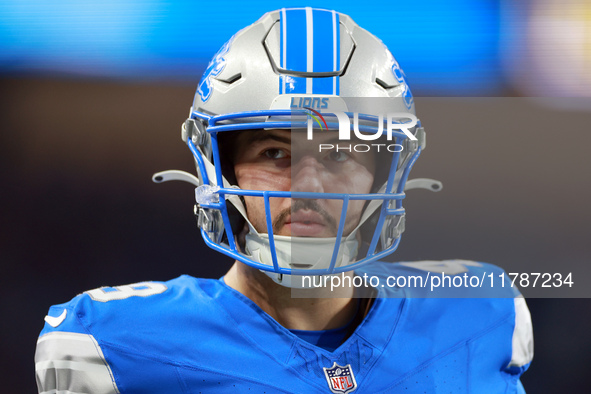 DETROIT,MICHIGAN-NOVEMBER17: Long snapper Hogan Hatten (49) of the Detroit Lions looks on from the sidelines  during a game between the Detr...