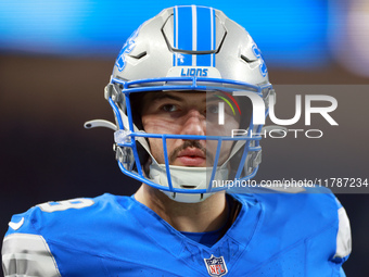 DETROIT,MICHIGAN-NOVEMBER17: Long snapper Hogan Hatten (49) of the Detroit Lions looks on from the sidelines  during a game between the Detr...