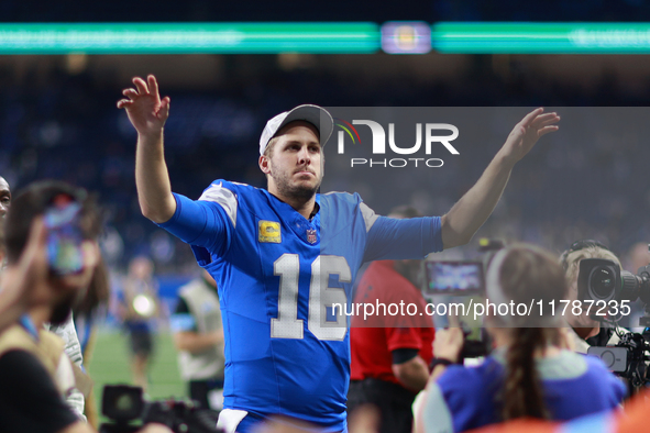 DETROIT,MICHIGAN-November 17: Detroit Lions quarterback Jared Goff (16) walks off the field after an NFL football game between the Jacksonvi...