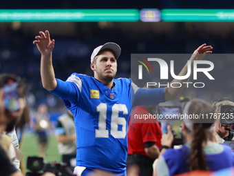 DETROIT,MICHIGAN-November 17: Detroit Lions quarterback Jared Goff (16) walks off the field after an NFL football game between the Jacksonvi...