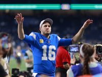 DETROIT,MICHIGAN-November 17: Detroit Lions quarterback Jared Goff (16) walks off the field after an NFL football game between the Jacksonvi...