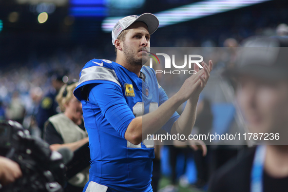 DETROIT,MICHIGAN-November 17: Detroit Lions quarterback Jared Goff (16) walks off the field after an NFL football game between the Jacksonvi...