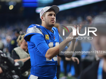 DETROIT,MICHIGAN-November 17: Detroit Lions quarterback Jared Goff (16) walks off the field after an NFL football game between the Jacksonvi...