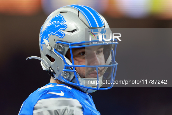 DETROIT,MICHIGAN-NOVEMBER17:  Long snapper Hogan Hatten (49) of the Detroit Lions looks on from the sidelines during a game between the Detr...