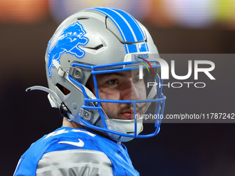 DETROIT,MICHIGAN-NOVEMBER17:  Long snapper Hogan Hatten (49) of the Detroit Lions looks on from the sidelines during a game between the Detr...