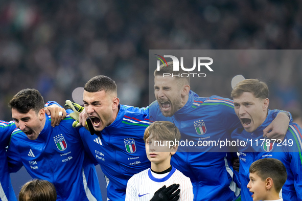 Alessandro Buongiorno of Italy ,Guglielmo Vicario and Nicolo' Barella of Italy yell during national anthem during the UEFA Nations League 20...