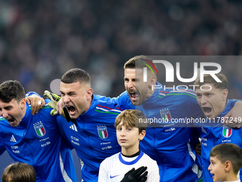 Alessandro Buongiorno of Italy ,Guglielmo Vicario and Nicolo' Barella of Italy yell during national anthem during the UEFA Nations League 20...