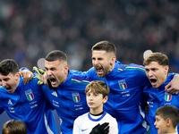 Alessandro Buongiorno of Italy ,Guglielmo Vicario and Nicolo' Barella of Italy yell during national anthem during the UEFA Nations League 20...