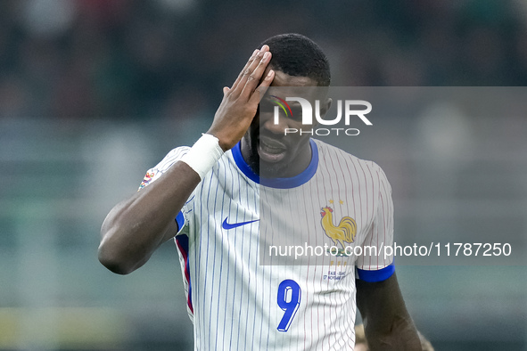 Marcus Thuram of France reacts during the UEFA Nations League 2024/25 League A Group 2 match between Italy and France at Stadio Giuseppe Mea...