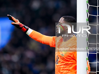 Mike Maignan of France gestures during the UEFA Nations League 2024/25 League A Group 2 match between Italy and France at Stadio Giuseppe Me...