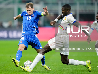 Marcus Thuram of France and Nicolo' Barella of Italy compete for the ball during the UEFA Nations League 2024/25 League A Group 2 match betw...