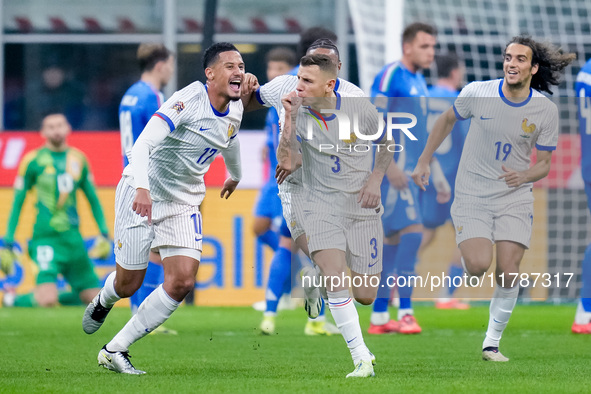 Lucas Digne of France celebrates after scoring second goal during the UEFA Nations League 2024/25 League A Group 2 match between Italy and F...