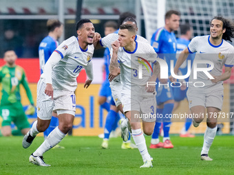 Lucas Digne of France celebrates after scoring second goal during the UEFA Nations League 2024/25 League A Group 2 match between Italy and F...