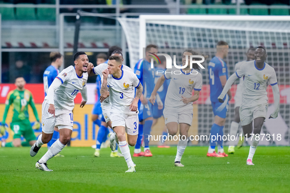 Lucas Digne of France celebrates after scoring second goal during the UEFA Nations League 2024/25 League A Group 2 match between Italy and F...