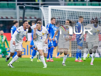 Lucas Digne of France celebrates after scoring second goal during the UEFA Nations League 2024/25 League A Group 2 match between Italy and F...