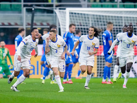 Lucas Digne of France celebrates after scoring second goal during the UEFA Nations League 2024/25 League A Group 2 match between Italy and F...