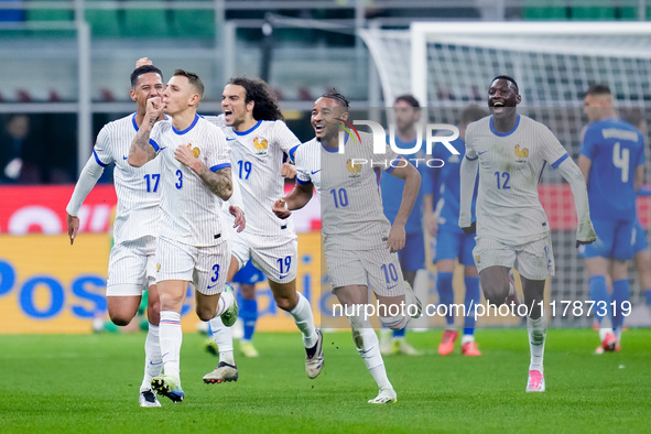 Lucas Digne of France celebrates after scoring second goal during the UEFA Nations League 2024/25 League A Group 2 match between Italy and F...