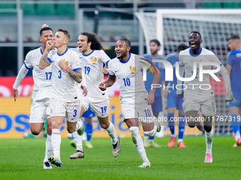 Lucas Digne of France celebrates after scoring second goal during the UEFA Nations League 2024/25 League A Group 2 match between Italy and F...