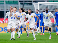 Lucas Digne of France celebrates after scoring second goal during the UEFA Nations League 2024/25 League A Group 2 match between Italy and F...