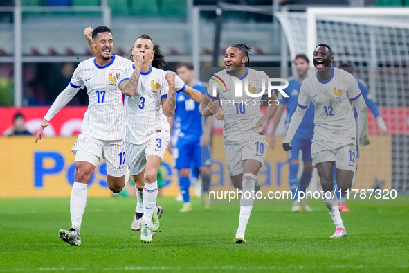 Lucas Digne of France celebrates after scoring second goal during the UEFA Nations League 2024/25 League A Group 2 match between Italy and F...