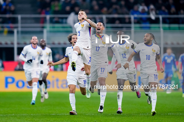 Lucas Digne of France celebrates after scoring second goal during the UEFA Nations League 2024/25 League A Group 2 match between Italy and F...