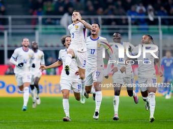 Lucas Digne of France celebrates after scoring second goal during the UEFA Nations League 2024/25 League A Group 2 match between Italy and F...