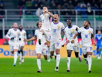 Lucas Digne of France celebrates after scoring second goal during the UEFA Nations League 2024/25 League A Group 2 match between Italy and F...