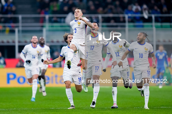 Lucas Digne of France celebrates after scoring second goal during the UEFA Nations League 2024/25 League A Group 2 match between Italy and F...