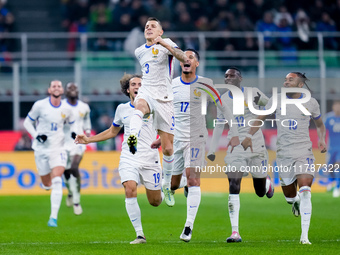 Lucas Digne of France celebrates after scoring second goal during the UEFA Nations League 2024/25 League A Group 2 match between Italy and F...