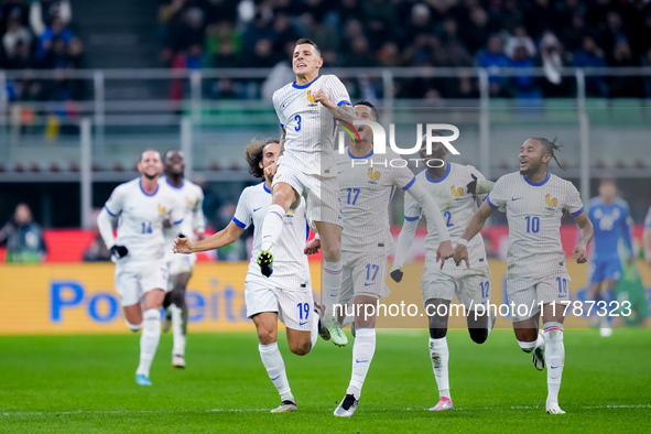 Lucas Digne of France celebrates after scoring second goal during the UEFA Nations League 2024/25 League A Group 2 match between Italy and F...