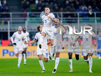 Lucas Digne of France celebrates after scoring second goal during the UEFA Nations League 2024/25 League A Group 2 match between Italy and F...