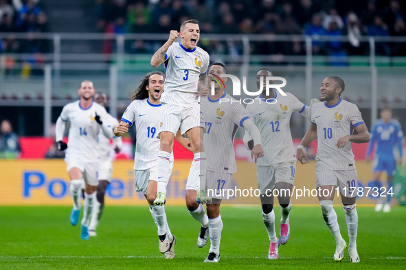 Lucas Digne of France celebrates after scoring second goal during the UEFA Nations League 2024/25 League A Group 2 match between Italy and F...