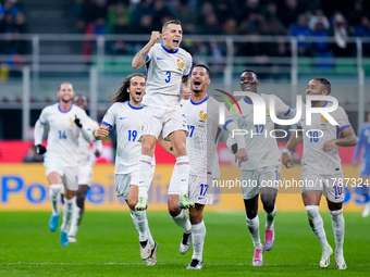 Lucas Digne of France celebrates after scoring second goal during the UEFA Nations League 2024/25 League A Group 2 match between Italy and F...