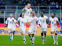 Lucas Digne of France celebrates after scoring second goal during the UEFA Nations League 2024/25 League A Group 2 match between Italy and F...