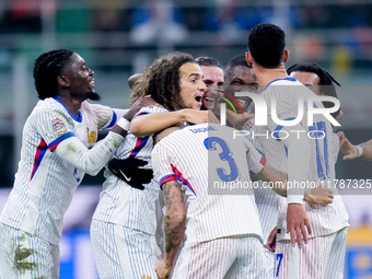 Lucas Digne of France celebrates after scoring second goal during the UEFA Nations League 2024/25 League A Group 2 match between Italy and F...