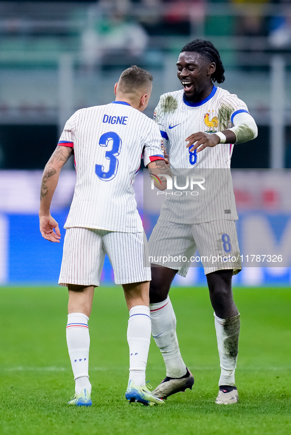 Lucas Digne of France celebrates after scoring second goal during the UEFA Nations League 2024/25 League A Group 2 match between Italy and F...