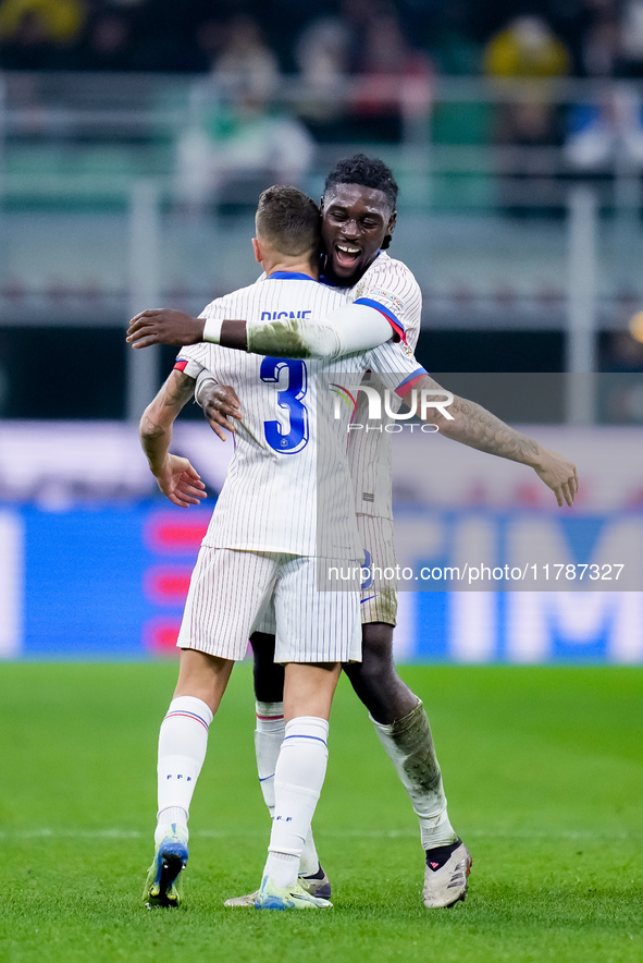 Lucas Digne of France celebrates after scoring second goal during the UEFA Nations League 2024/25 League A Group 2 match between Italy and F...