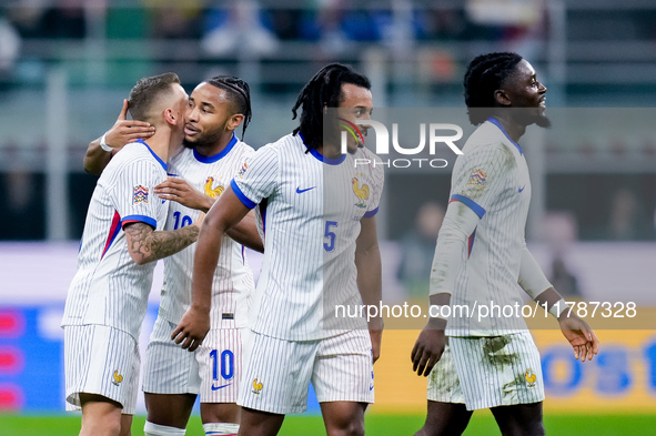 Lucas Digne of France celebrates after scoring second goal during the UEFA Nations League 2024/25 League A Group 2 match between Italy and F...