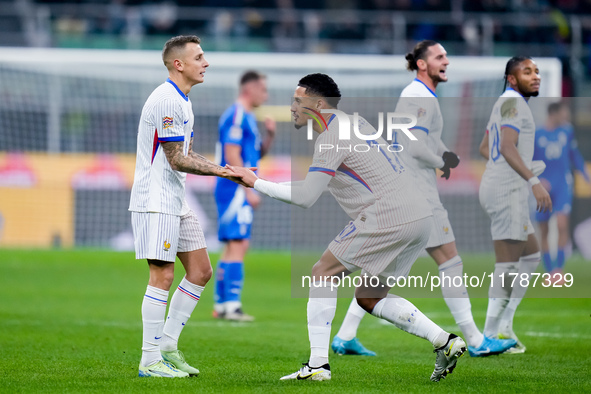 Lucas Digne of France celebrates after scoring second goal during the UEFA Nations League 2024/25 League A Group 2 match between Italy and F...