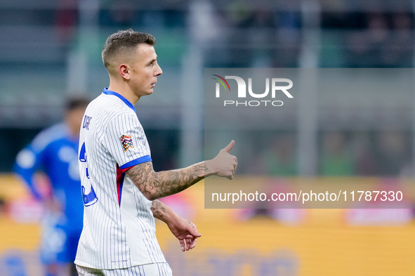 Lucas Digne of France celebrates after scoring second goal during the UEFA Nations League 2024/25 League A Group 2 match between Italy and F...