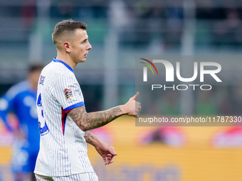 Lucas Digne of France celebrates after scoring second goal during the UEFA Nations League 2024/25 League A Group 2 match between Italy and F...