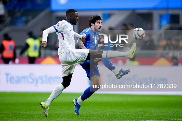 Marcus Thuram of France and Sandro Tonali of Italy compete for the ball during the UEFA Nations League 2024/25 League A Group 2 match betwee...